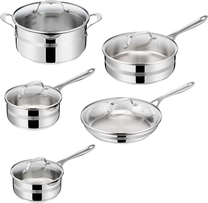 Jamie Oliver by T-fal Cooks Smart 10-Piece Stainless Steel Cookware Set | Stainless steel interior, Thermo-Fusion induction base, Oven safe to 500°F, Dishwasher safe, Heat indicator included
