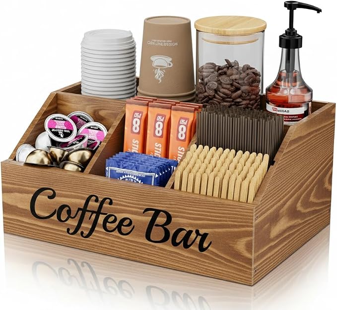 Coffee Station Organizer for Countertop – Wooden Coffee Bar Organizer with Adjustable Dividers,Holds K Cup Pod & syrup bottles, for Kitchen, Office, or Bar and Tea Station, Brown