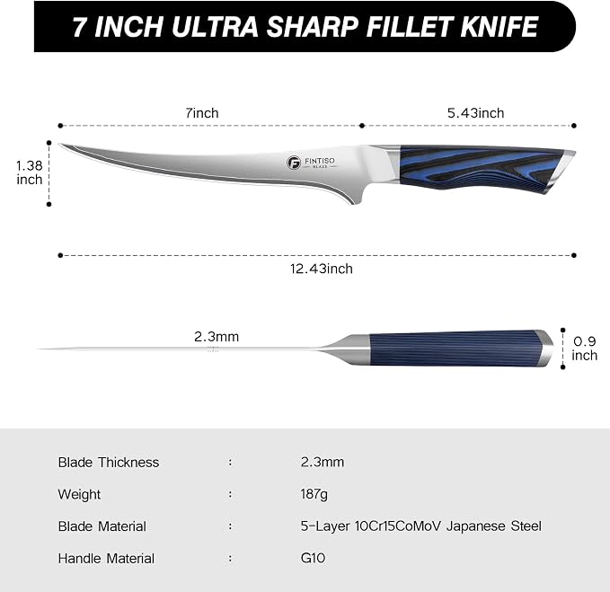 Fillet Knife 7 Inch,2026 New Upgrade High Carbon Stainless Steel Fillet Knife,Handles Made From G10 Material Are More Ergonomic Professional Japanese Fish Knives for Meat Poultry Cutting