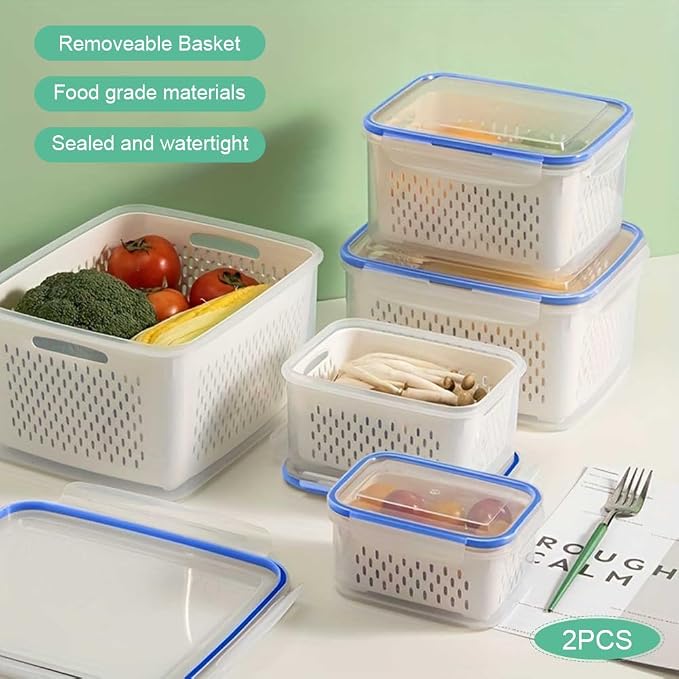 2pcs Fruit Storage Containers for Fridge, Leakproof Food Storage Containers with Removable Colander Airtight Food Storag-e Container Keep Produce Vegetables Berr-y Fresh Longer(COLOR:Clear White)