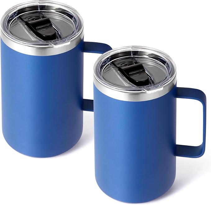 Volhoply 22oz Insulated Stainless Steel Coffee Mugs with Leakproof Lid Bulk 2 Pack,Double Wall Vacuum Travel Coffee Cup with Handle,Reusable Metal Tumbler,Camping Mug Keep Hot&Cold(Blue,2)