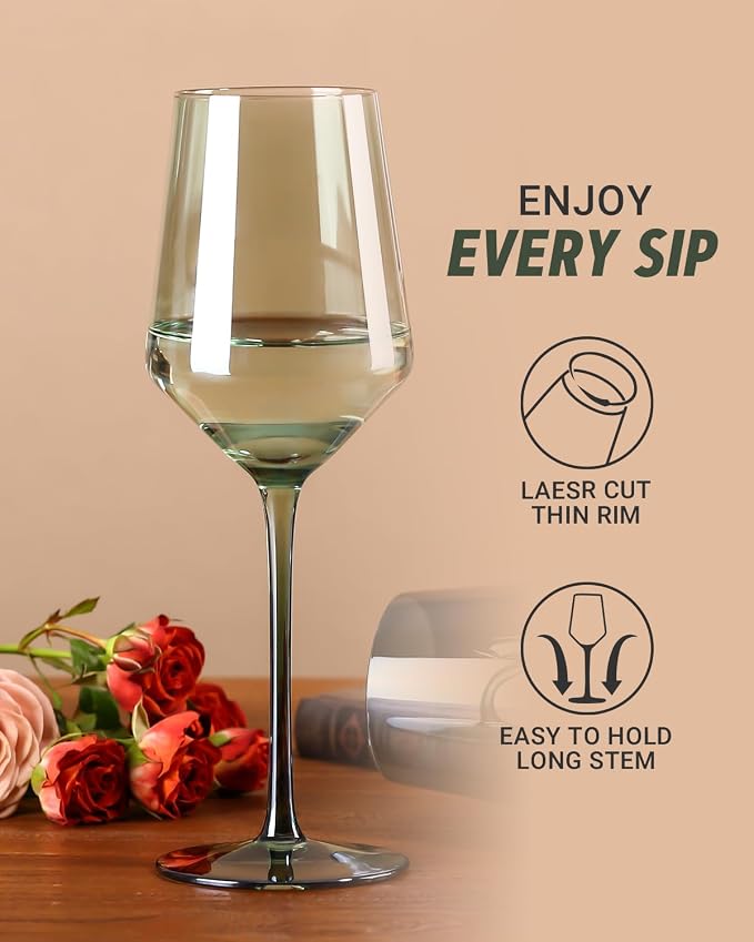 comfit Green Wine Glasses Set of 6-15 oz Hand-blown Crystal Long Stem Wine Glasses - Green Glassware, Mother's Day, Wedding, Birthday Gifts
