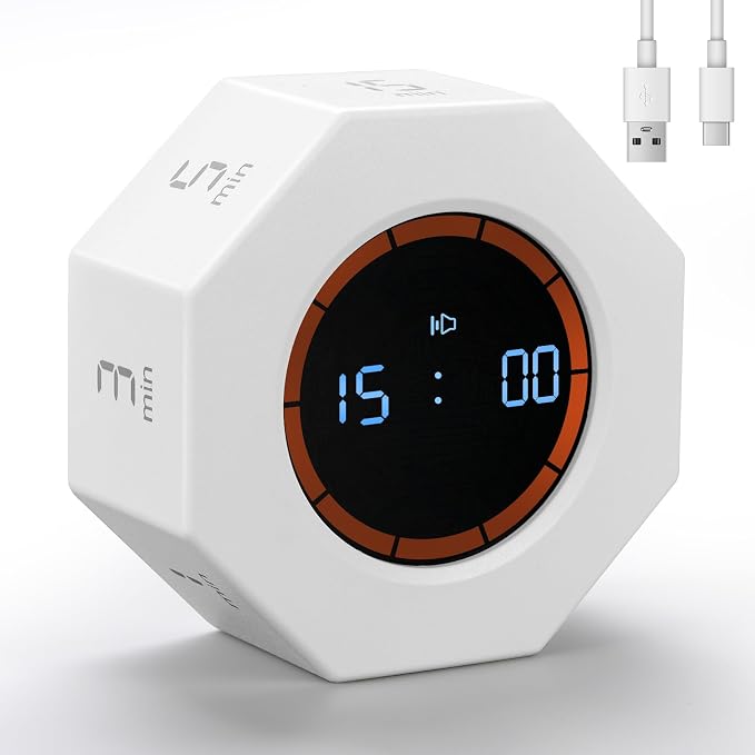 Rechargeable Pomodoro Timer, Small Gravity Timer (Pearl White) | Seven Preset Flip Times (1/3/5/15/30/60/90 min) and Count-Up Mode: Digital Kitchen Timer for Cooking, Work, and Study