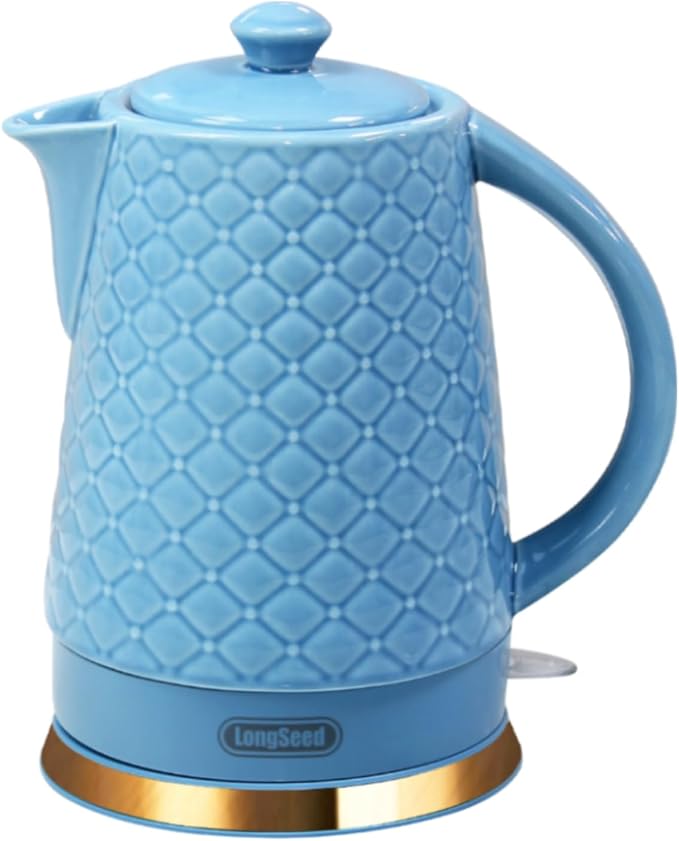 1.5L Ceramic Electric Kettle, 1200W Fast Boil Retro Tea Pot with LED Light, BPA-Free Porcelain Cordless Water Boiler, Auto Shut-Off & Boil-Dry Protection, Blue Relief Carving