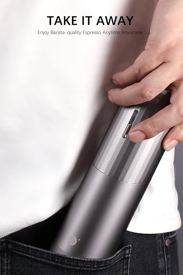 Electric Coffee Grinders, Portable Burr Grinder Capacity 50g w/Magnetic Cover,External Adjustable Setting, Aluminum Alloy Body, 800mAh Battery(Stand not Included) (Gray)
