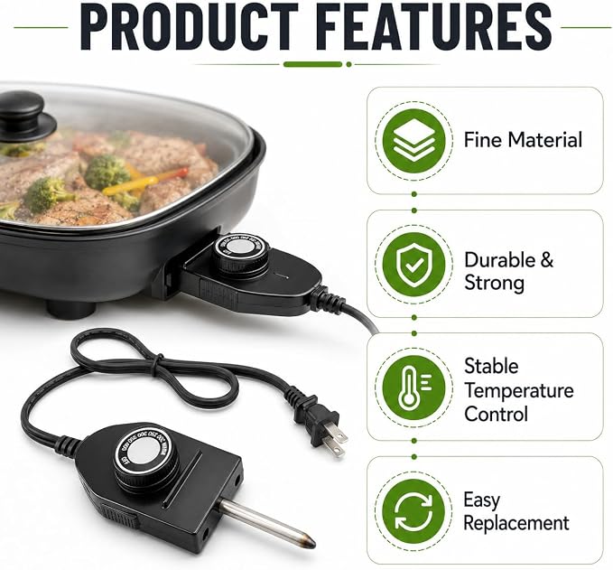 06900 Temperature Control Thermostat Cord for Presto Electric Griddles | Fits skillets, grills and frypans with 1-3/8" probe spacing; adjustable heat control reaches up to 400°F
