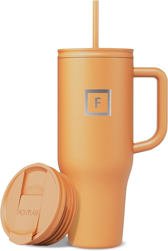 IRON °FLASK 40 oz Co-Pilot Insulated Travel Mug | Insulated Travel Mug with Straw & Flip Cap Lids - Cup Holder Fit, Leakproof, BPA Free (Clementine)