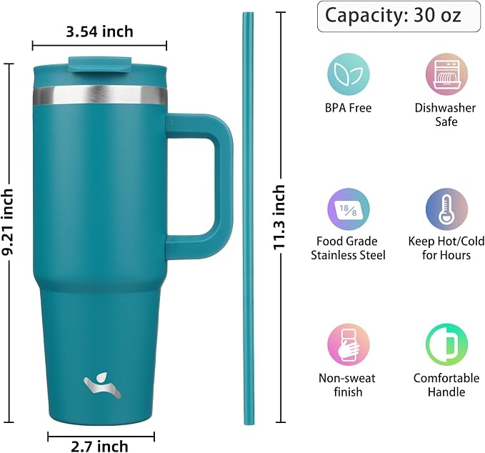 Konokyo 30 oz Insulated Tumbler Water Bottle with Handle, Straw Lid | BPA-free and dishwasher safe; made for gym, travel, coffee and gifting, 2 straws, cup holder friendly,Blue