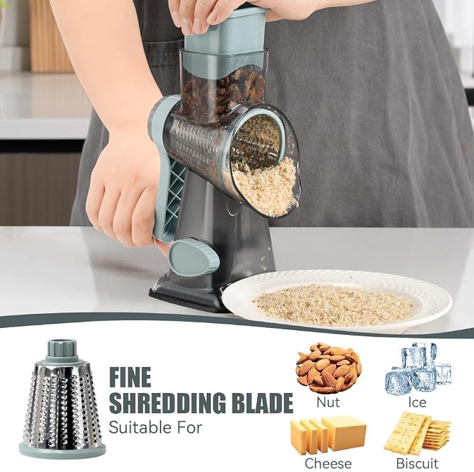 Rotary Cheese Grater Hand Crank Transparent - Shredder Slicer Grinder 3 Stainless Steel Blades, Stable Suction, Labor-Saving Handle, Safe Kitchen Tool for Cheese, Vegetable, Nuts, Chocolate