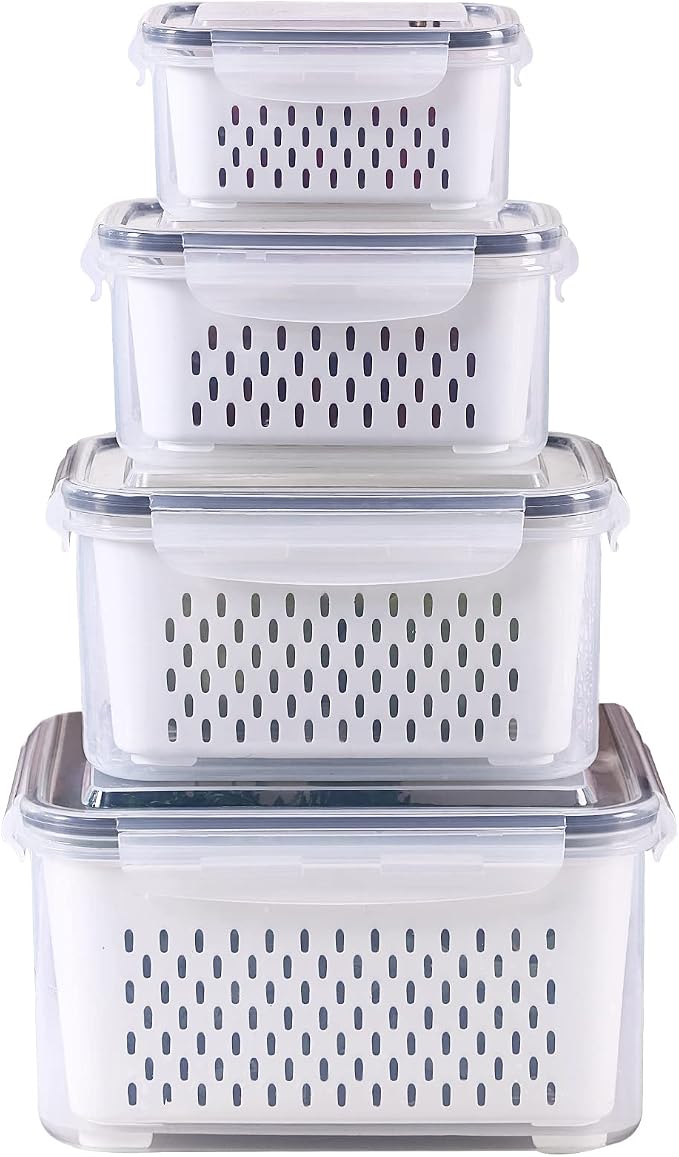 4 Pack Large Fridge Food Storage Container Set with Lids with Strainer, Fruit Vegetable Storage Containers Keep Fruits, Vegetables, Berry, Meat Fresh longer , BPA-Free Plastic Produce Keepers