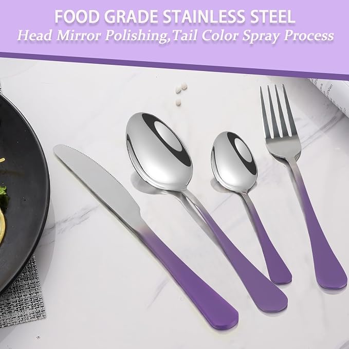 24 Pieces Flatware Set, Caliamary Stainless Steel Flatware Set with Silverware Holder Spoons Forks Knives,Utensils Set Service for 6,Gold Mirror Polished and Matte Pink Painted (GradientPurple)