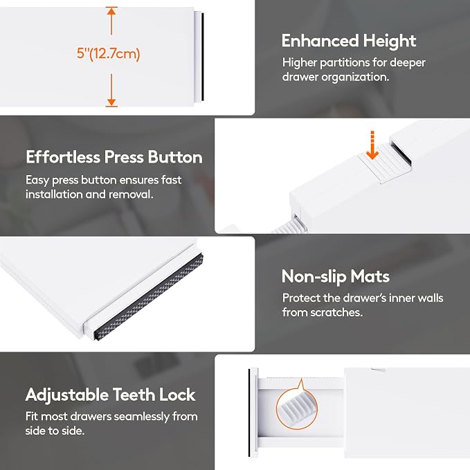 Lifewit 5" Tall Upgrade Drawer Dividers, Adjustable Deep Drawer Organizer | 13.5"-22" Expandable White Drawer Separator for Clothes, Dresser/Kitchen/Closet/Bedroom/Office Organization & Storage, 5 Pack