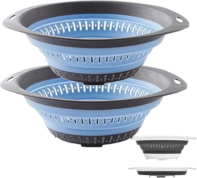 Collapsible Colander and Strainer,Silicone Strainer Colanders & Food Strainers,for Vegetable and Fruit, Kitchen Essentials (2, Blue, 2.5L+2.5L)