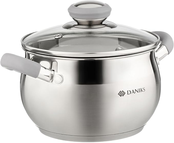 Daniks Modern 2 Quart Stainless Steel Stock Pot with Glass Lid, Tri-Ply Bottom for Even Heating, Induction Compatible, Dishwasher Safe, Heatproof Handles