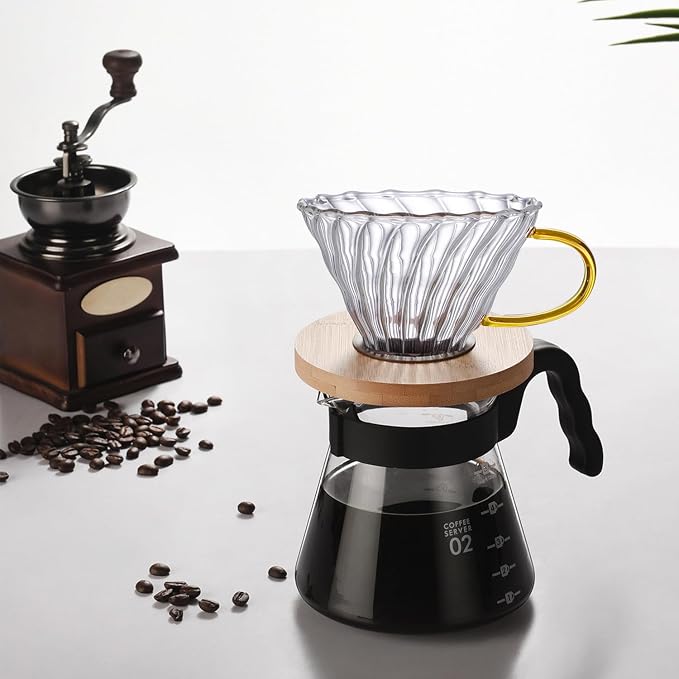 Gute Glass Pour Over Coffee Dripper 1-4 Cups with Bamboo Stand & Handle | Spiral Inner Design,Heatproof Glass,No Plastic Contact,Detachable for Easy Clean,Fits Most Mugs & Carafes,Home Office