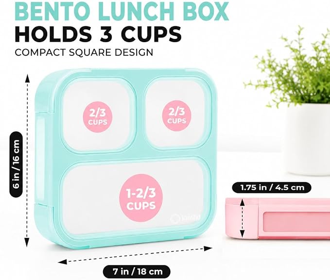 kinsho Medium Bento Box for Kids Toddlers, Lunch-Box for Boys Or Girls, Leakproof 3 Compartment Containers for Meal for Snack at Daycare School Travel, BPA Free, 2 Pack Pastel Teal + Pink