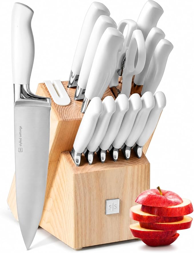 Styled Settings White Knife Set with Block and Sharpener, 14-Piece | High Carbon Stainless Steel Knives with Ashwood Block and Built-In Sharpener - Durable White Kitchen Accessories for Cooking