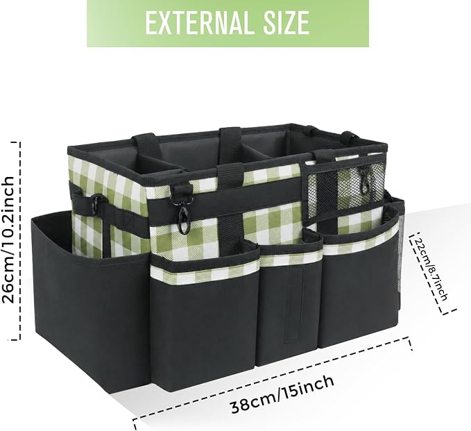 SCAVATA Wearable Cleaning Caddy, Cleaning Caddy Supplies Organizer with Handle & Shoulder Straps for Housekeepers, Under Sink & Car Cleaning Tool Organizers Bag with 4 Foldable Divider (GreenPlaid)