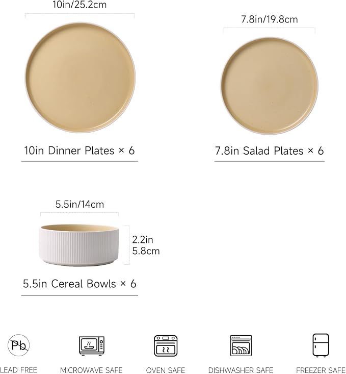 18PCS Ceramic Dinnerware Set for 4,Stoneware Plates and Bowls Sets | Reactive Glaze Dish Set,Scratch Resistant Tableware Set,Reactive Glaze,Microwave & Dishwasher Safe,White Orange