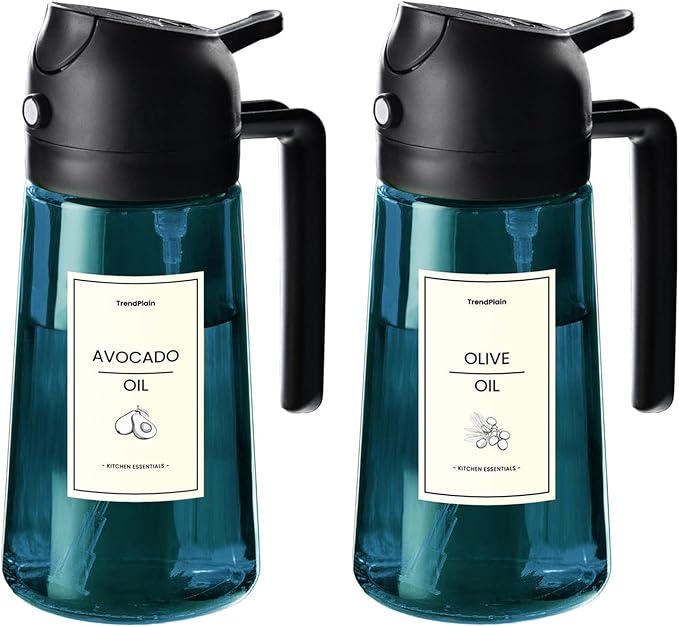 TrendPlain 16oz/470ml Blue Glass Olive Oil Sprayer for Cooking - 2 in 1 Olive Oil Dispenser for Kitchen Gadgets, Air Fryer, Salad, and BBQ - 2 Black