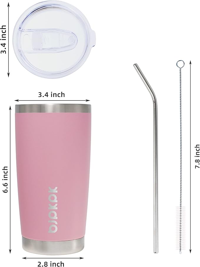 BJPKPK 20 oz Coffee Tumbler with Lid, Straw, Insulated Stainless Steel Mug | Double Wall Vacuum, Keeps Hot/Cold, BPA Free, Leak Proof, Iced Coffee Cup Fit Car Holder, Travel & Beach Ready, Light Pink