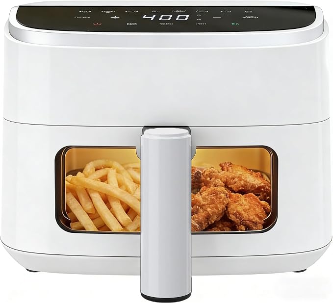 Simple Deluxe 8-in-1 Air Fryer 4 Qt, Digital Preset Airfryer with Visible Window, Nonstick and Dishwasher-Safe Basket for Chips, Bake, Wings, 60-Min Timer, 1500W, White