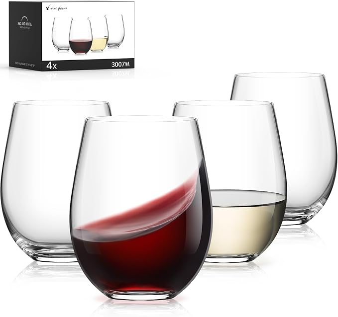 Stemless Wine Glasses Set of 4, 15oz Red White Wine Glass, No Stem | Glassware, Sturdy Drinking Glass, Home Bar, Daily Use, Hosting, Evening Party, Birthdays, Housewarming