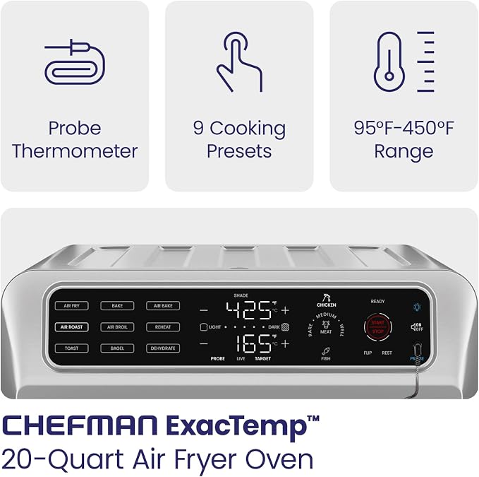 Chefman Air Fryer Toaster Oven Combo with Probe Thermometer, 12-In-1 Stainless Steel Convection Countertop, 10 Inch Pizza, 4 Slices of Toast, Cooking, Baking, Toasting, Roaster Oven Airfryer 20QT (Renewed)