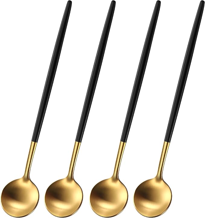 DEHOV 4 PCs 6.7 Inches Brush Gold Stainless Steel 304 Iced Tea Spoons With Black Handle,Long Handle Coffee Stirring Spoon,SS18/10 Matte Gold Black Handle Teaspoons