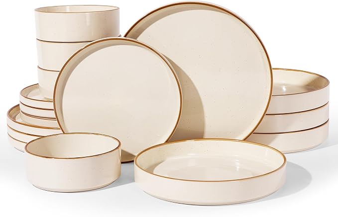 Famiware Nebula 16-Piece Plates and Bowls, Vanilla White with Brown Rim | Stoneware Dinnerware Set with Pasta Bowls, Service for 4 - Chip & Scratch Resistant, Microwave & Dishwasher Safe