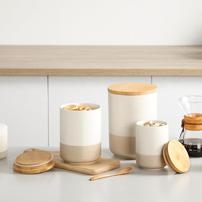 vancasso Sabine Kitchen Canister Set of 3, Ceramic Food Storage Containers with Airtight Wood Lids, Countertop & Pantry Organization for Flour, Sugar, Coffee, Tea & Snacks