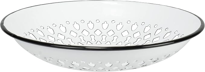 Red Co. Enamelware Metal Classic 9.5 Inch Round Flat Food Strainer Colander, Solid White/Black Rim