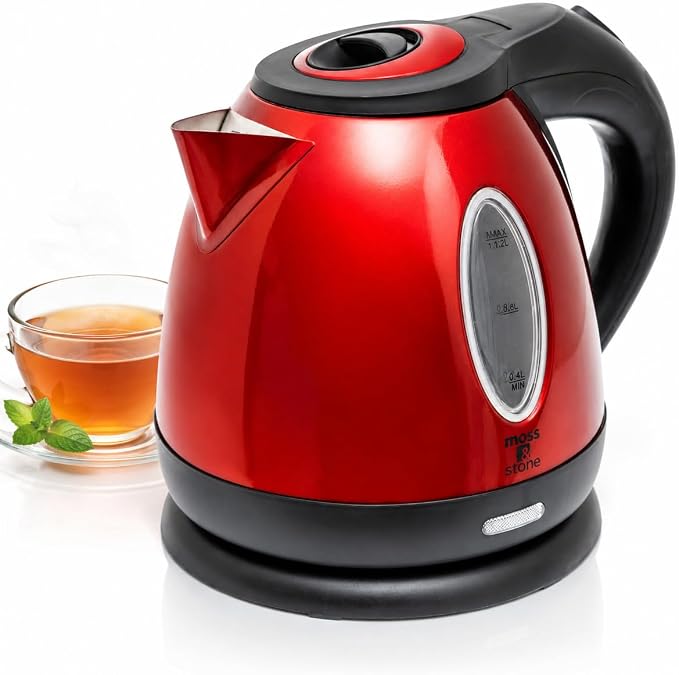 Moss & Stone Red Stainless Steel Electric Kettle, 1.2L Cordless 1500W | Small, portable hot water tea kettle, fast boiling pot, boil-dry protection, auto shut-off, blue Illuminate LED light