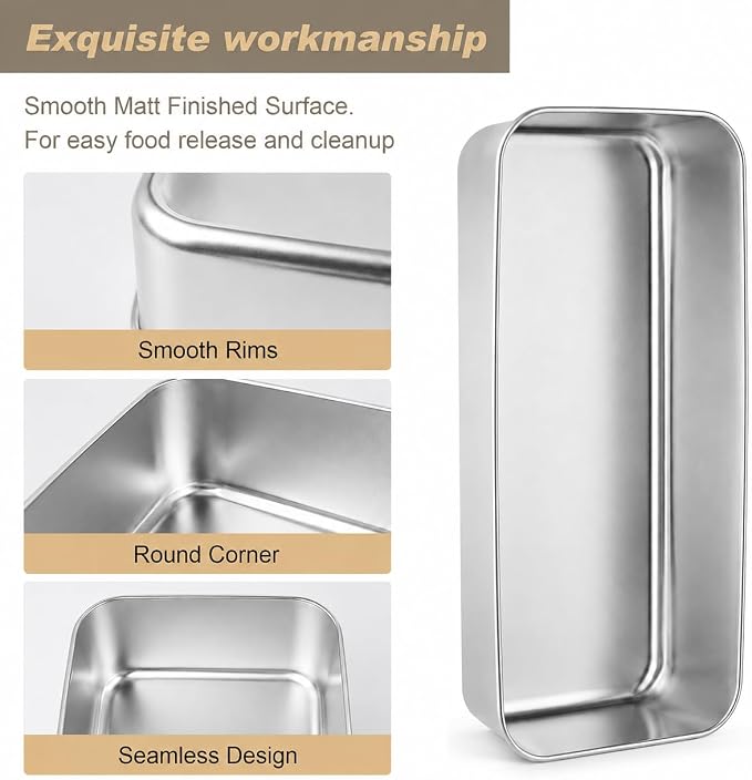 4 Pack Stainless Steel Loaf Tins with Lids, 12.7 x 5.8 Inch Bread Pans | For baking bread, cakes, brownies, lasagna and meatloaf. Suitable for homemade recipes, meal prep and everyday kitchen use.