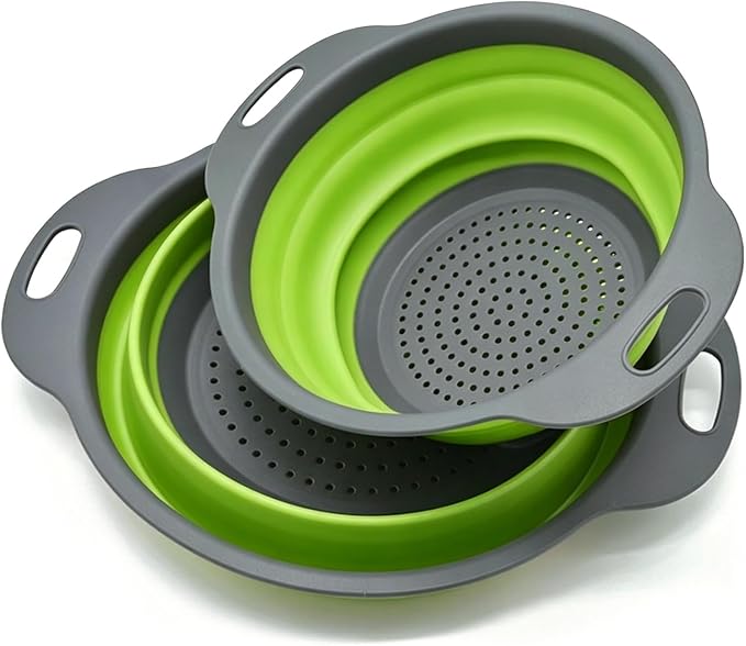 Collapsible Colander Set of 2, Space Saving Foldable Kitchen Strainer Baskets with Non-Slip Base, Thickened PP+TPE Collapsible Strainers for Pasta, Vegetables, Fruits, Rice (Green)