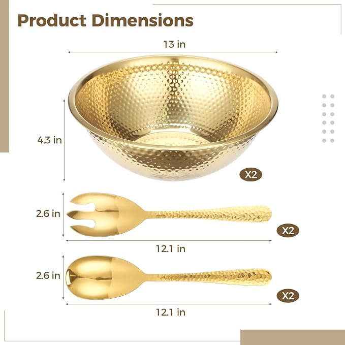 Joyibay 2 Pcs 13 Inch Gold Stainless Steel Salad Bowl Set, 4-Pc Utensil Set | Kitchen mixing bowls for salad, soup, prep, serving, and food storage; gold stainless steel look suits table setups