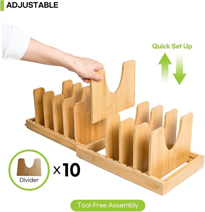 Pots and Pans Organizer under Cabinet Expandable Bamboo Pot Lid Holder Rack | Adjustable bakeware organizer, cutting board organizer, cookie sheet, baking pan, tray organizer for kitchen cabinet storage