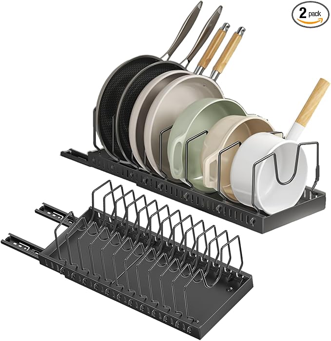 pots and pans organizer under cabinet,pot lid organizers inside cabinet holders for kitchen,Horizontal and vertical pulling modes,cast iron storage ((2pcs) Black vertical)
