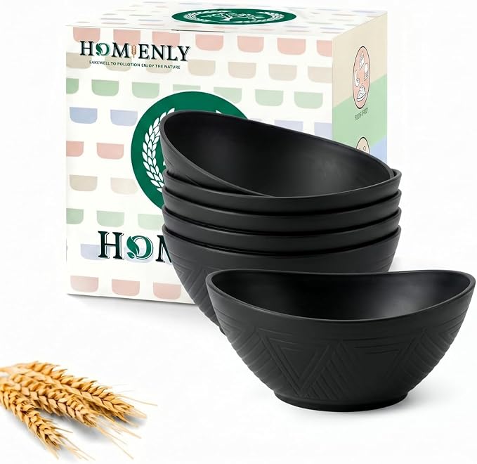 Wheat Straw Bowls 10 OZ Small Bowls Unbreakable Small Serving Bowls for Ice Cream, Snack, Dipping Side Dishes, Yogurt Microwave & Dishwasher Safe Oval Bowls for Camping, Dorm (6 PCS, Black)