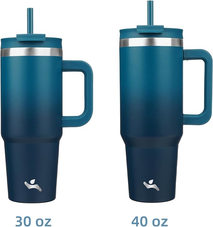 Konokyo 30 oz Insulated Tumbler Water Bottle with Handle, Straw Lid | BPA-free and dishwasher safe; made for gym, travel, coffee and gifting, 2 straws, cup holder friendly,Indigo Black