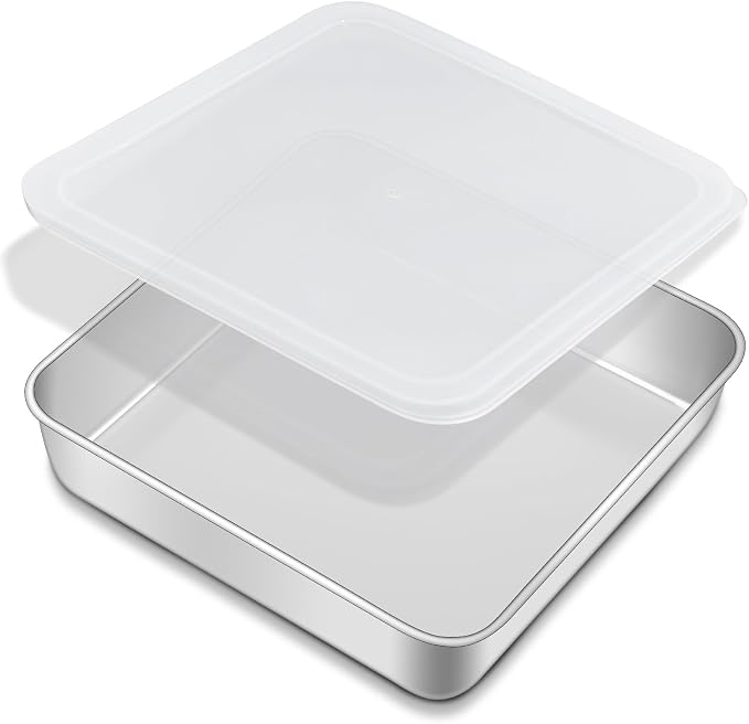 Premium 18/0 Stainless Steel Square Cake Pan with PE Lid (2-Pack), 8x8x2 Inch Heavy-Duty Baking Mold for Brownie, Casserole & Oven Baking, Dishwasher Safe Bakeware Set