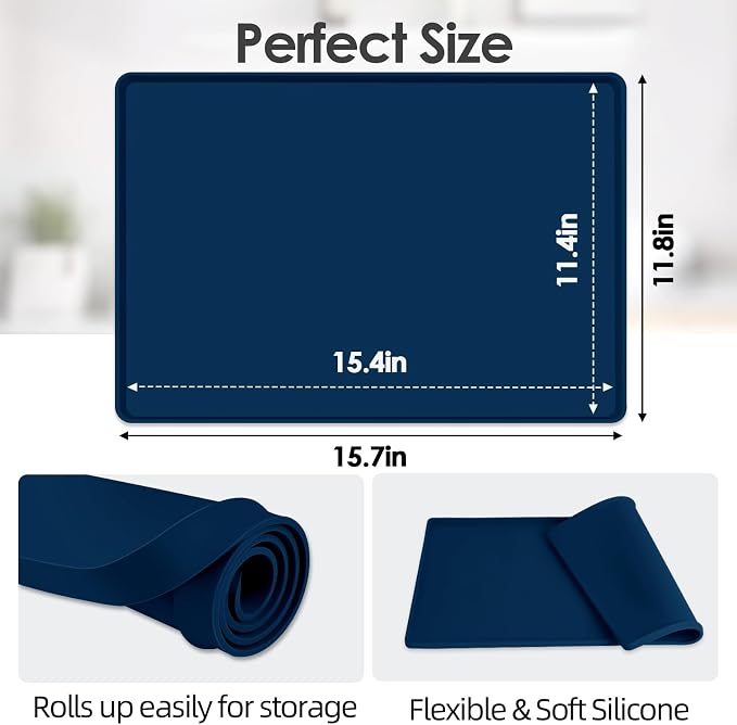 Silicone Coffee Maker Mat with Lip for Countertops, 15.7''x11.8'' Navy Blue | Multi leak-proof coffee tray for countertop, non-slip silicone mat fits most coffee makers & espresso machines, wipe-clean