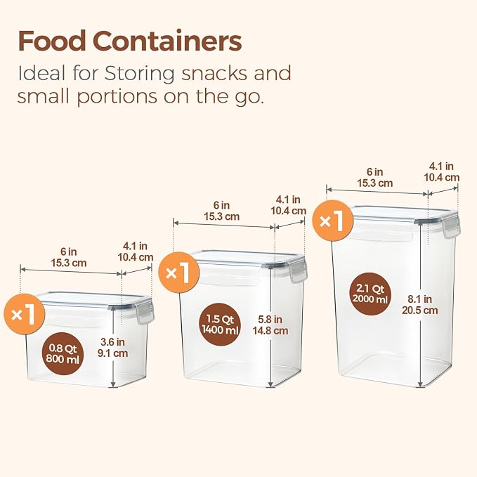 ComSaf Airtight Food Storage Containers with Lids 0.8/1.5/2.1Qt 3Pack | Plastic Canister, Flour Sugar Cereal Pasta Rice Oats Coffee Snacks, Pantry Kitchen, Label, Scoop, Stackable, BPA-free, Clear
