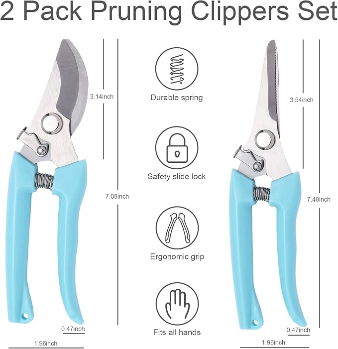 2 Pack Pruning Shears, Stainless Steel Sharp Blade, for Home Gardeners | Safety Lock，Ergonomic Handle, Easy Use for Seniors , Perfect for Herbs, Flowers, Bonsai, Indoor Plants