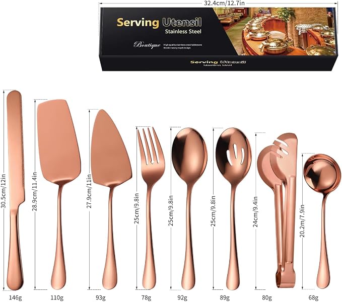 AARAINBOW Exquisite 8-Piece Serving Set, Stainless Steel Utensils With Spoons for Parties, Buffet, Home - Large (8 Rose Golden)
