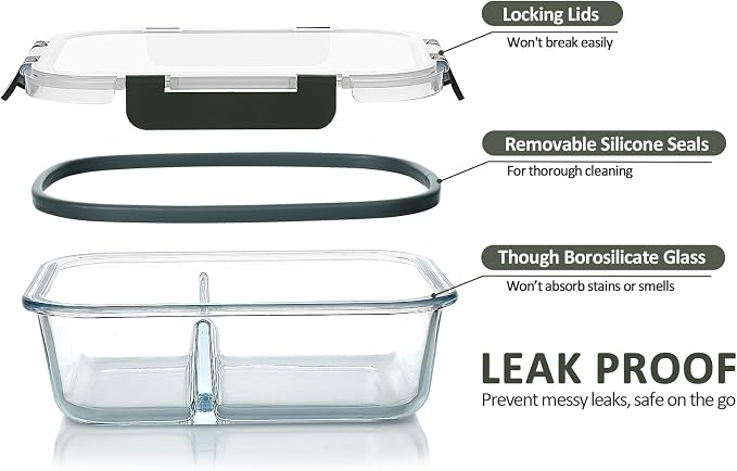 M MCIRCO 5 Pack,36 oz, 2 Compartments Glass Meal Prep Containers with Lids | Divided Glass Food Storage Containers, Portion Control Lunch Containers, Microwave, Oven, Freezer, Dishwasher, 4.5 Cups, Gray