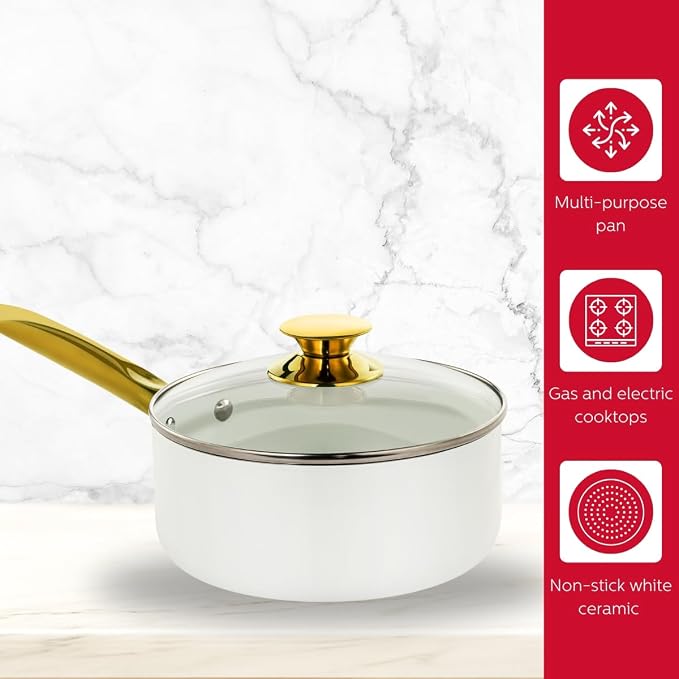 Holstein Housewares 3.5QT Ceramic Non-Stick Sauce Pan with Lid, Multipurpose Sauce Pan for Simmering & Boiling, Stainless Steel Golden Handle, Induction, Gas & Electric Compatible, White and Gold