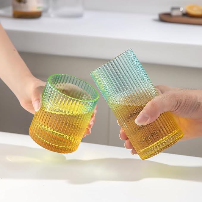 Ribbed Drinking Glasses 8pcs, 12oz and 10oz Glassware, Tumbler Glasses Cup Set for Wedding, Party, Christmas Gift, Golden Green