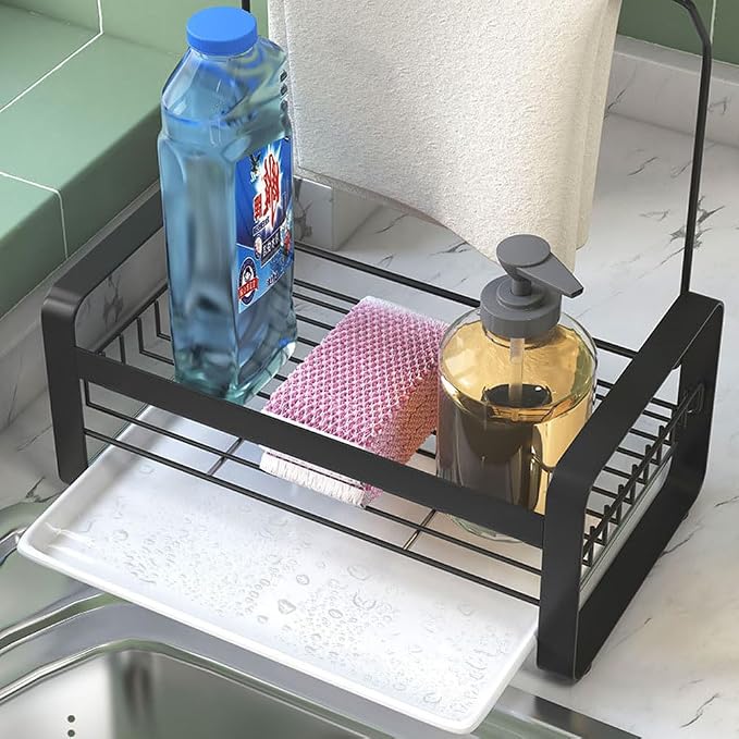 Sponge Holder with rag stick for Kitchen Sink - Rustproof Sink Caddy with Instant Drying Stone, Removable Dish Brush Holder, Stainless Steel Kitchen Caddy for Coutertop Storage Accessories