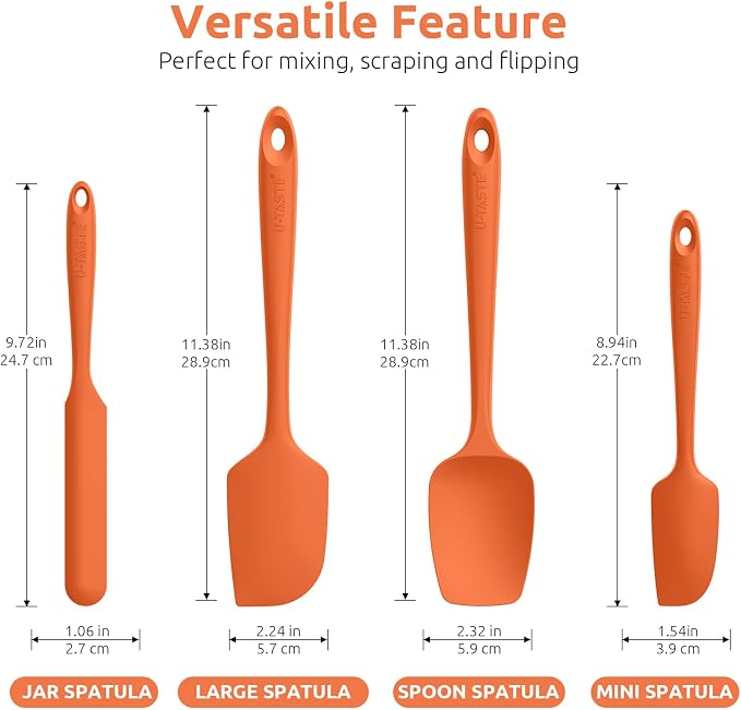 U-Taste Silicone Spatula Set with 600 Degrees Fahrenheit Heat Resistant (Orange) | Food Grade Hot-Proof Seamless Rubber Scraper, Kitchen Flexible Silicon Cooking Utensil Set, Diswasher Safe Baking Supplies
